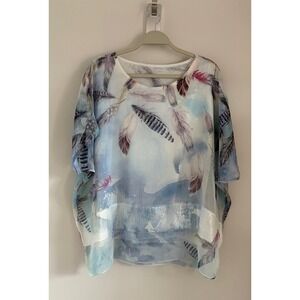Princess Cruises Women Blue Feather Print Sheer Kaftan Blouse Top SM SM/M